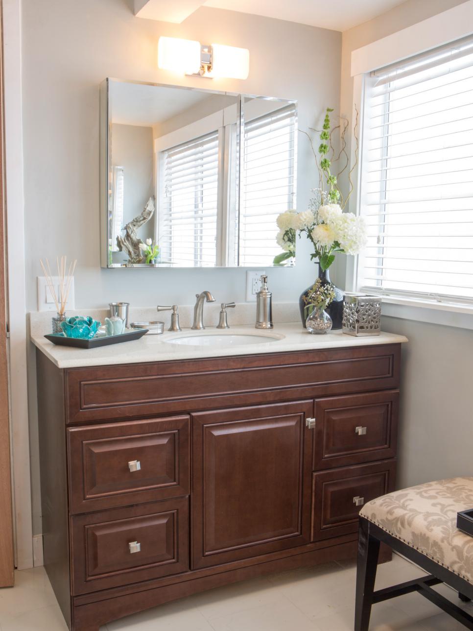 Simple Wooden Vanity in Transitional Bathroom | HGTV