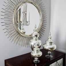 Tranquil Dining Room Hutch With Striking Mirror