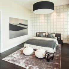Contemporary White Master Bedroom With Gray Accents and Large Drum Pendant