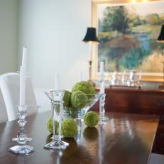 Dining Table Vignette with Moss Balls and Crystal Candlesticks