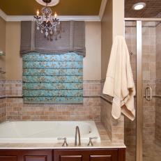 Blue Roman Shade Pops In Traditional Neutral Bathroom