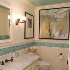 Aqua Tile Bathroom With Contemporary Artwork