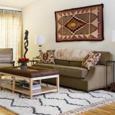 Rug Doubles as Wall Hanging in Eclectic Living Room