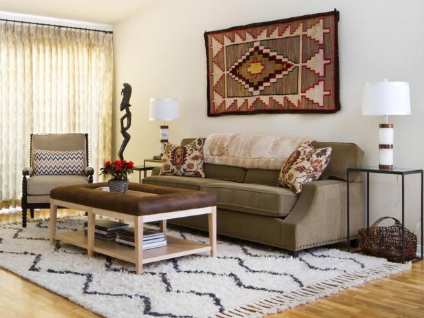 Neutral Living Room with Navajo Rug Wall Hanging