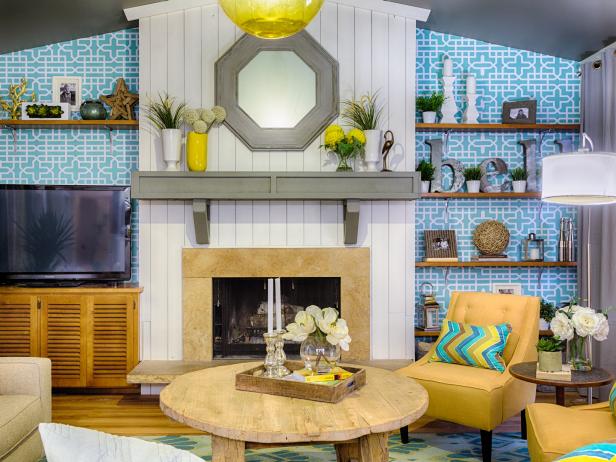 Living Room With Blue Wallpaper And Yellow Accents Hgtv