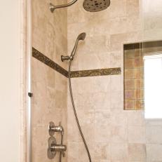 Neutral Shower With Custom Tile Border and Inset