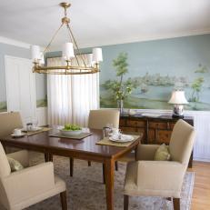 Blue Dining Room With Harbor-Themed Wall Mural