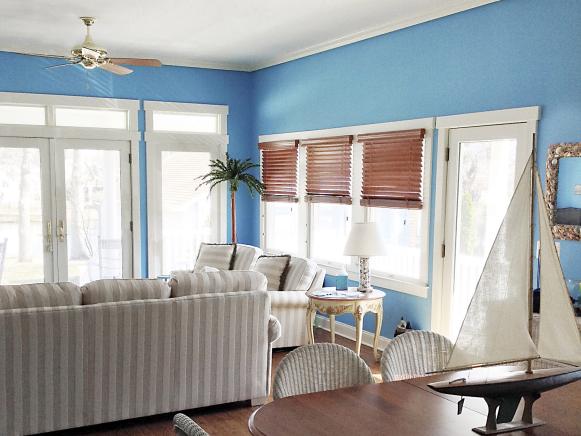 Blue painted walls in beach house.