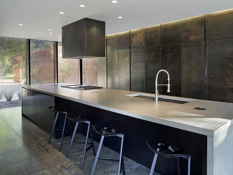 Black Kitchen With Metal Cabinets, White Island and Metal Stools