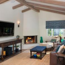 Neutral Transitional Living Room With Beamed Vaulted Ceiling