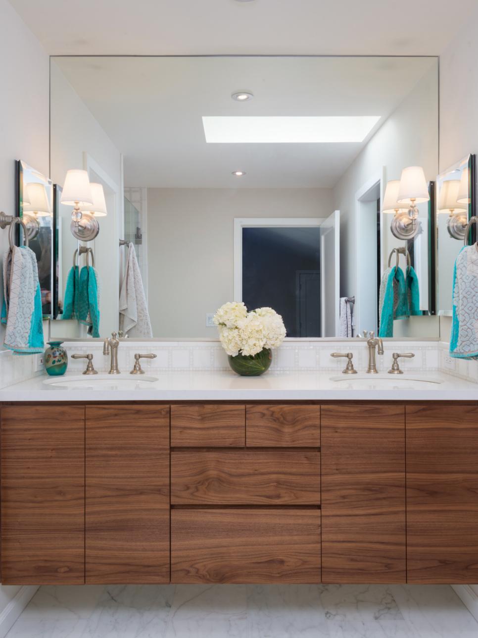 White Transitional Bathroom With Custom Floating Walnut Vanity | HGTV