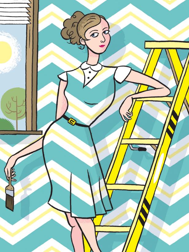 Illustration of Woman Getting Ready to Paint a Chevron Pattern