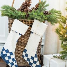 Quilt Becomes Blue and White Checked Stockings on Basket