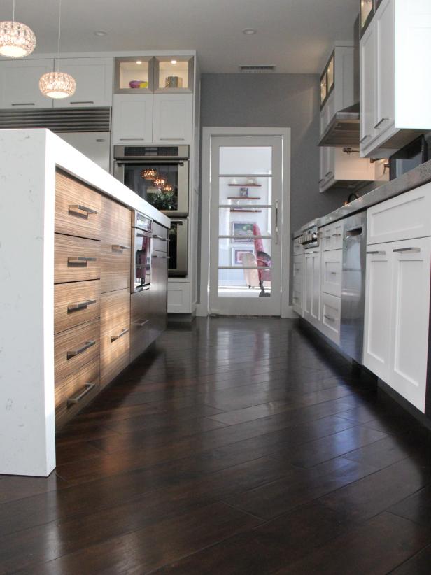White Cabinets Dark Wood Floors - Modern White Kitchen With Dark Wood Floors 1