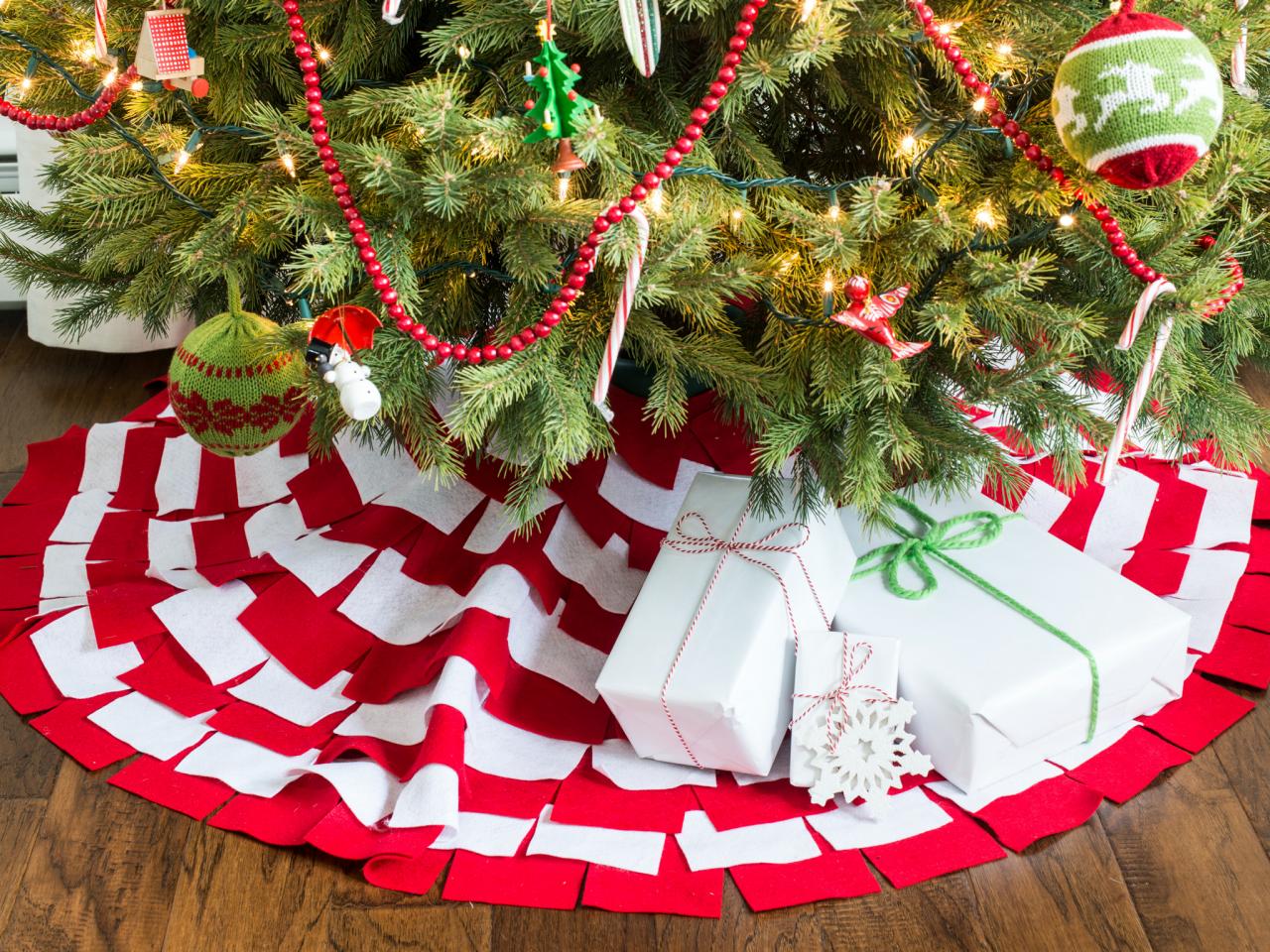 Homemade Christmas crafts made from red and white felt sheets