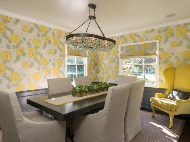 Dining Room with Yellow Floral Wallpaper and Gray Chairs