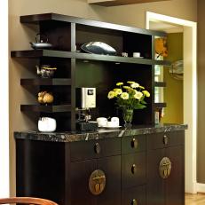 Asian-Inspired Black Coffee Bar With Open Shelves