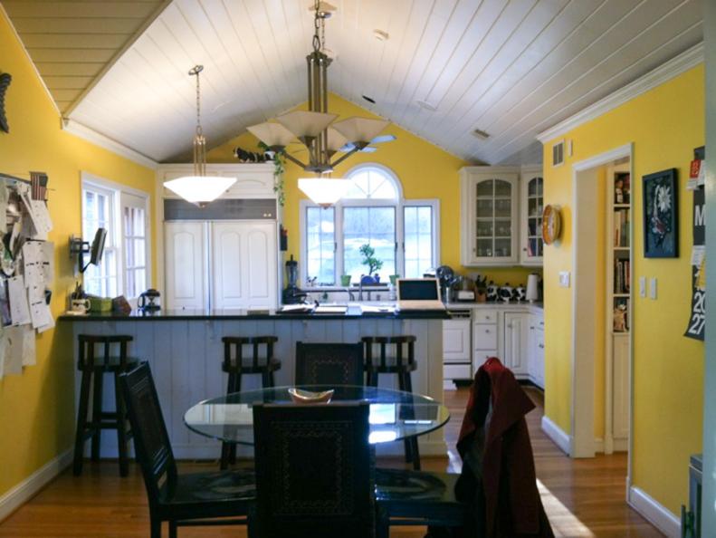 Country Yellow Kitchen With Vaulted Ceiling and Breakfast Bar