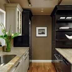 Transitional Kitchen With Open-Shelving Storage 