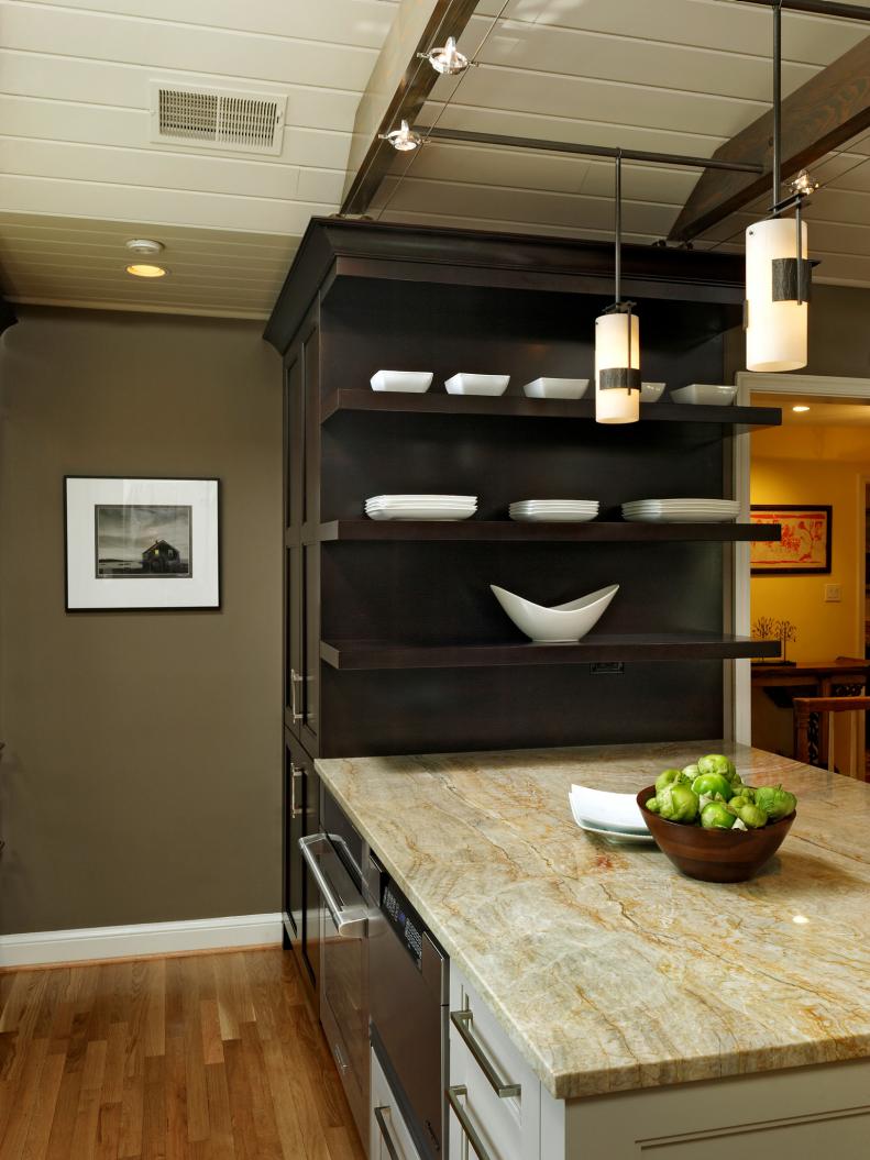 Dark Wood Built-in Cabinet and Stone Countertop in Asian-style Kitchen