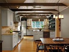 Neutral Transitional Kitchen With Exposed Ceiling Beams