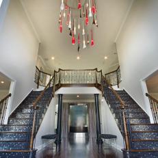 Magnificent Contemporary Shimmering Double Staircase With Matching Water Feature
