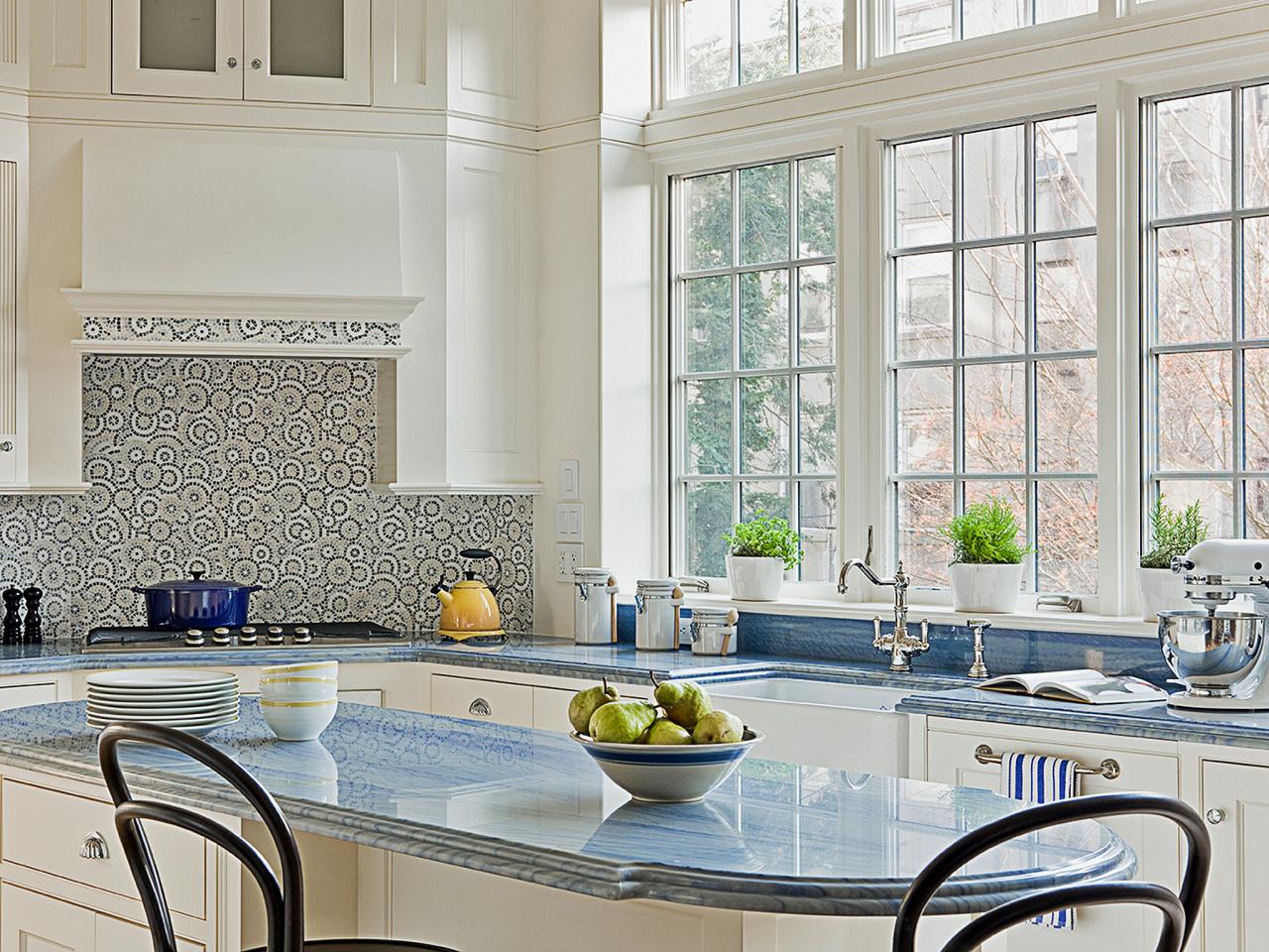 White Coastal Kitchen With Blue Stone Countertop Hgtv