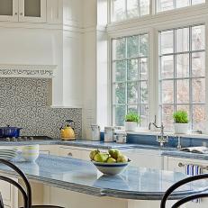 White Coastal Kitchen With Blue Stone Countertop