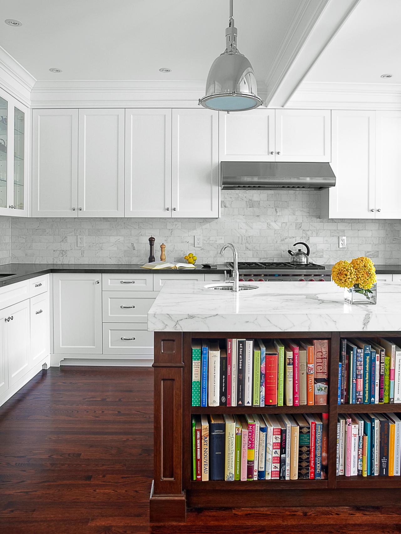 Transitional White Kitchen With Dark Hardwood Floor And Island Hgtv