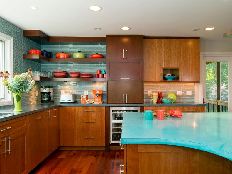 Kitchen With Blue Backsplash, Blue Countertops and Wood Cabinets