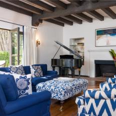 Blue and White Transitional Living Room With Wood Beam Ceiling