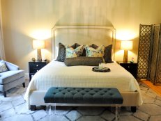 Ivory Transitional Bedroom With Upholstered Headboard and Tufted Bench