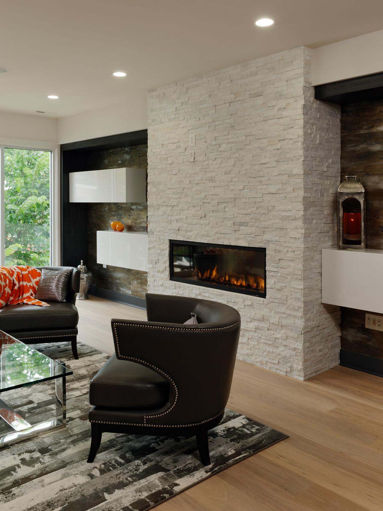 Modern Living Room With White Brick Fireplace | HGTV