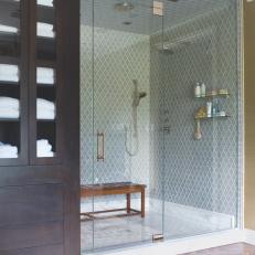 Blue Tile Walk-In Shower With Glass Enclosure