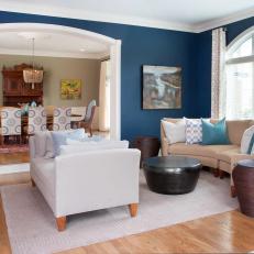 Transitional Navy Living Room With Two Sofas