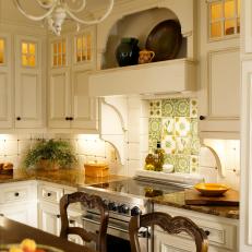 White, French Country Kitchen with Floral Backsplash