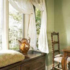 French Country Kitchen with Wood Bench Window Seat