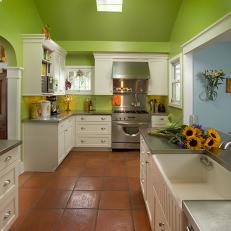 Kitchen With Tropical Green Walls and Saltillo Floor Tiles