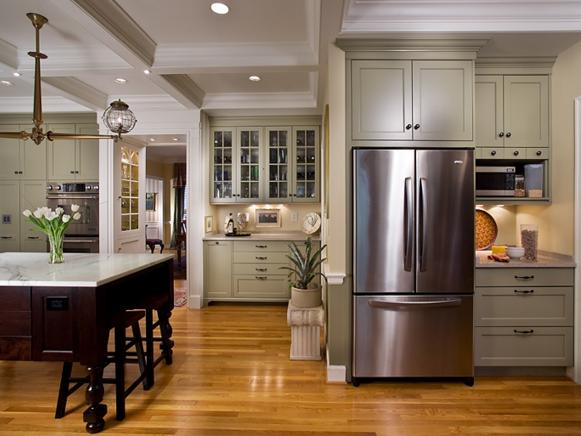 Traditional, Open Kitchen With Large Island and Green Cabinets