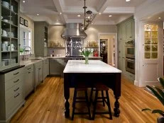 Green Transitional Kitchen With Marble Island 