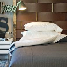 Gray Bedroom With Woven Wood Headboard