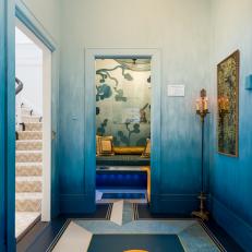 Blue Ombre Hallway Leading to Modern Bedroom