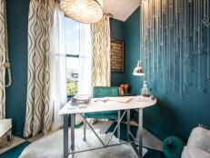 Blue Home Office With Hanging Crystal Strands and Wavy-Print Draperies