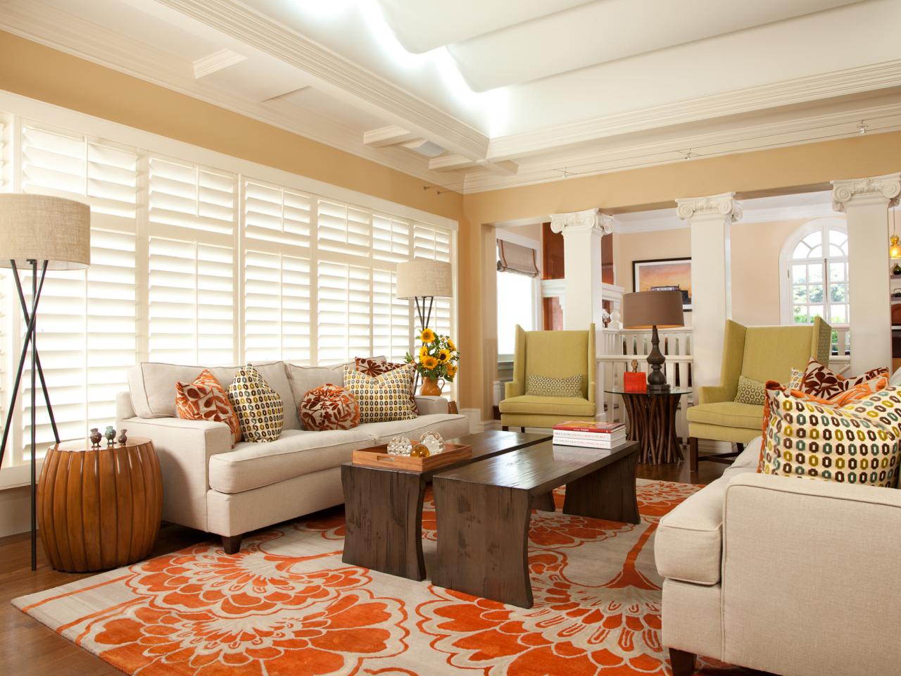 living room with plantation shutters