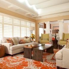 Warm Transitional Living Room With Wood Shutters