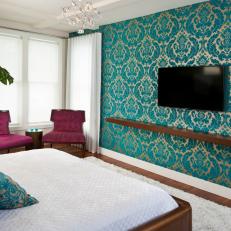 Master Bedroom With Bold Blue Damask Wallpaper