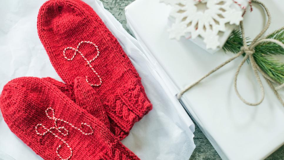 Red Personalized Mittens and White Wrapped Christmas Gift