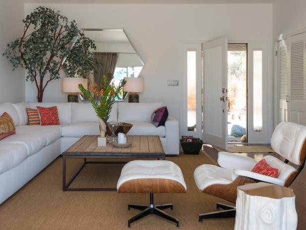 Neutral Contemporary Living Room With White Leather Sectional