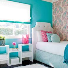 Teen Girl's Bedroom With Pink Paisley Wallpaper