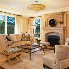 Transitional Living Room with Limestone Fireplace
